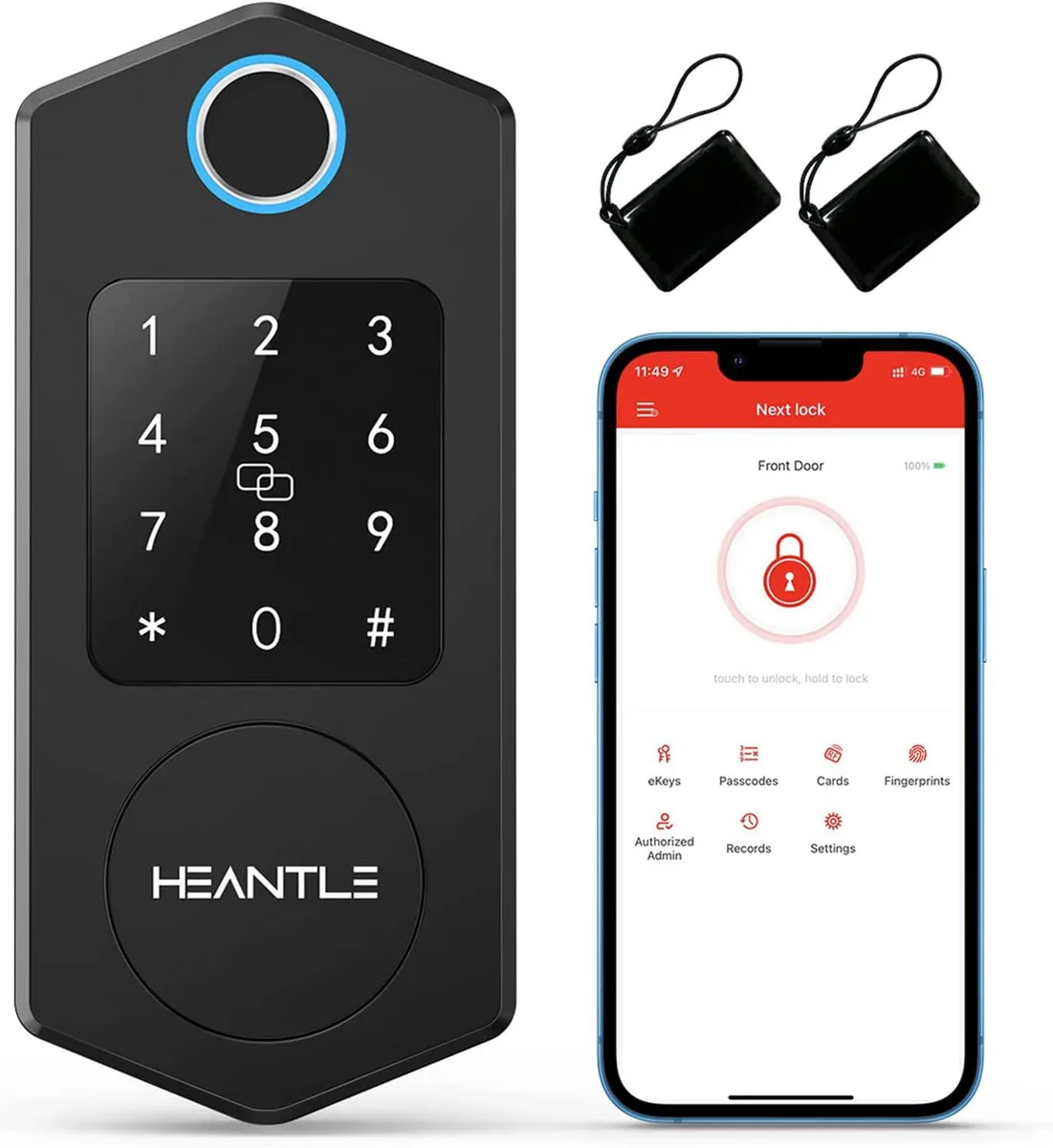 HEANTLE HEANTLE Smart Door Lock Black Fingerprint Bluetooth App Alexa Google 7 Ways IP63 4AA 2.75lb — product photo