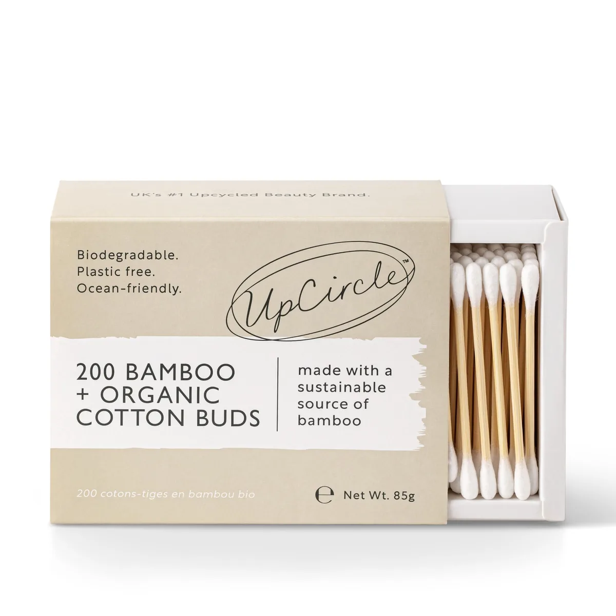 Grey cardboard box containing 200 bamboo cotton buds