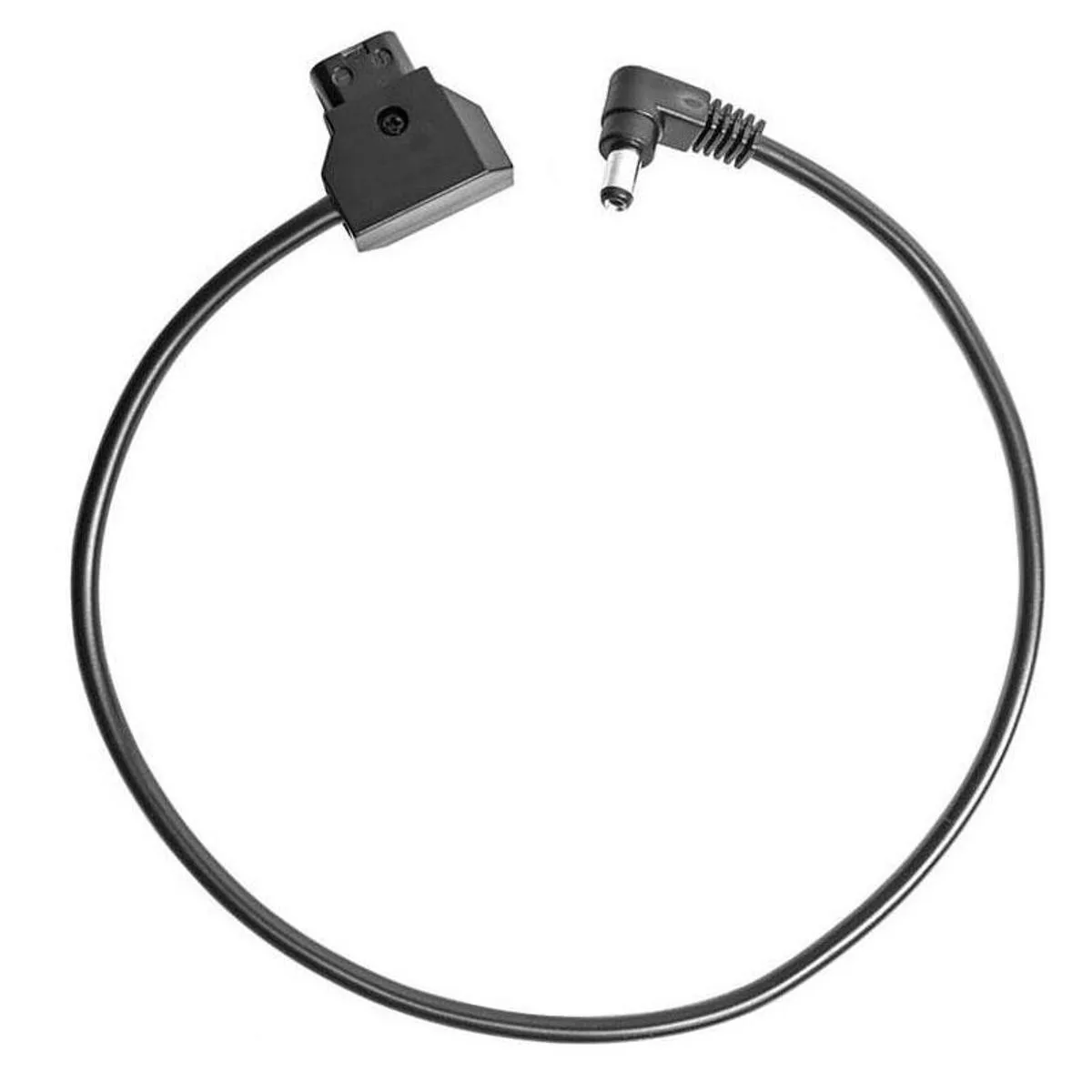 Black PTap to right-angle barrel power cable, 18 inch length, coiled on white background
