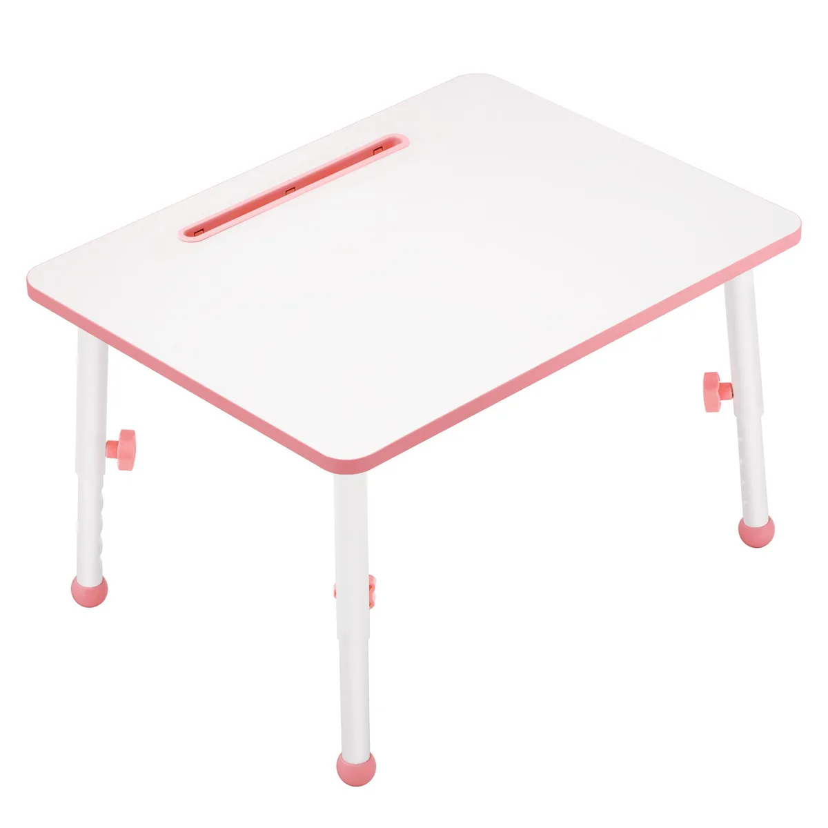 Light wood kids desk with rounded edges, built-in tablet groove, adjustable legs, 23 inches wide