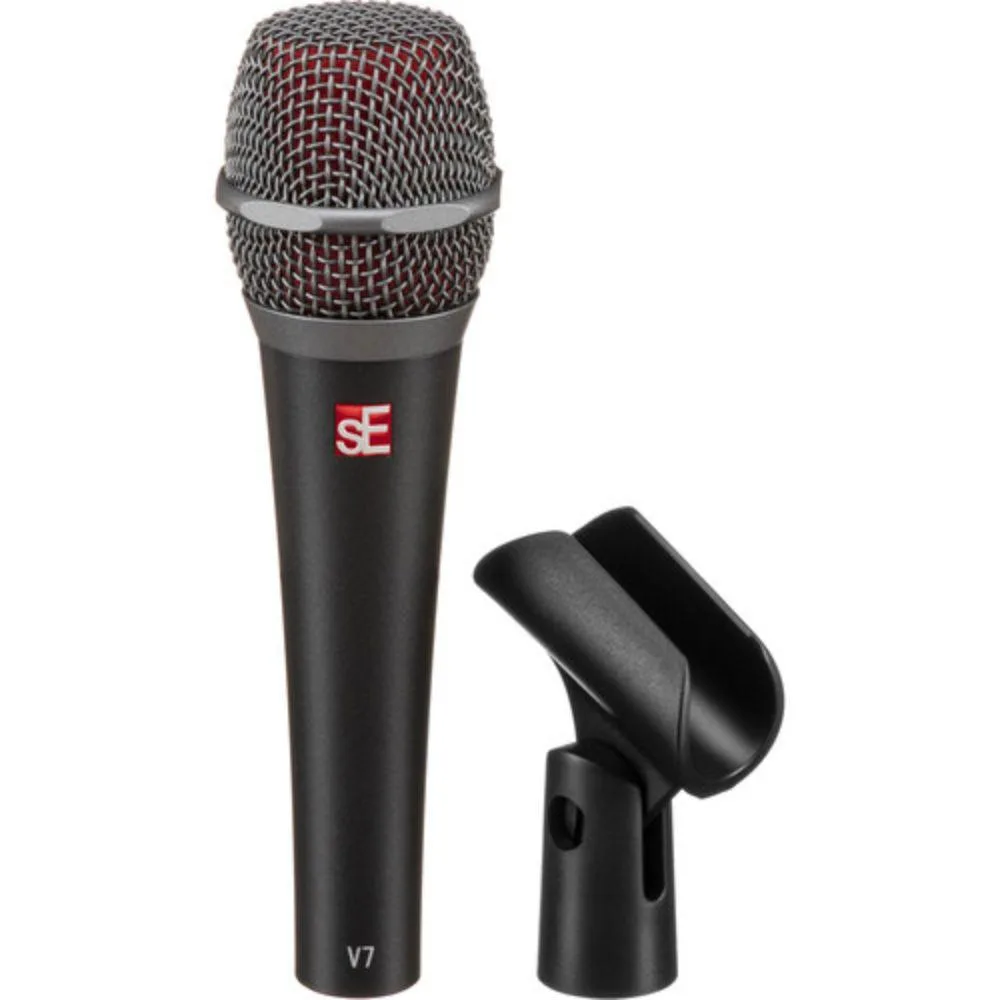 Dark grey handheld dynamic microphone with stainless steel mesh grille and gold XLR connector