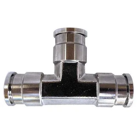 Nickel-plated brass tee fitting with three 3/8 inch tube connections