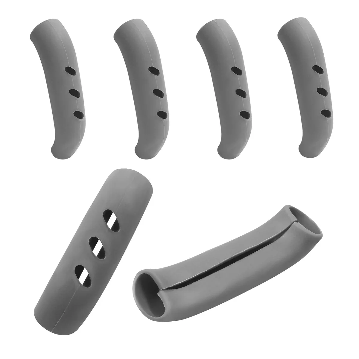 Six gray silicone pot handle covers, 3 inch long, flat rectangular shape, matte finish