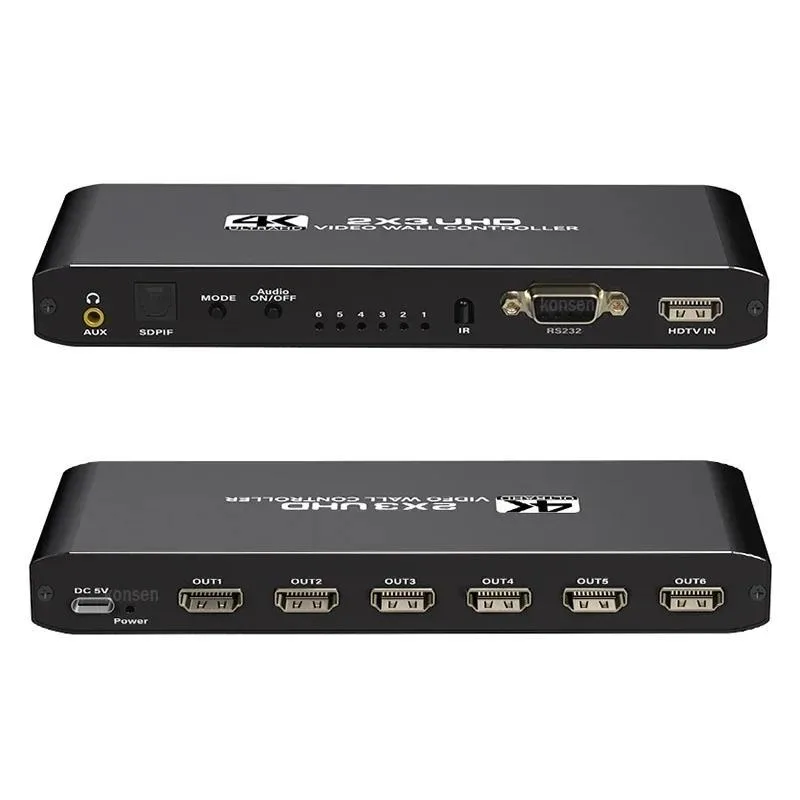 Black rectangular video wall controller with six HDMI output ports and remote control