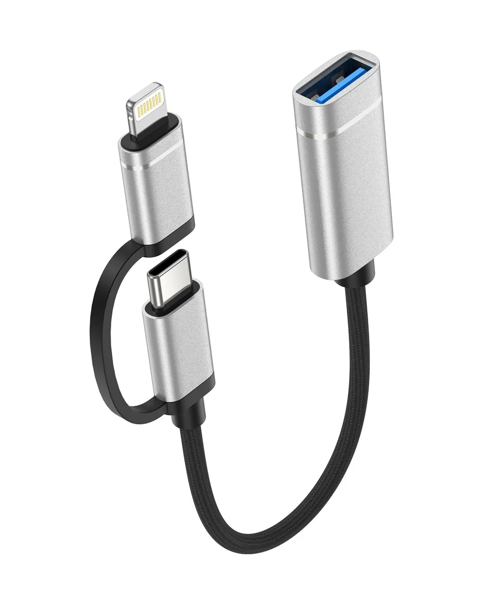White 2-in-1 USB-C and Lightning adapter cable with USB-A 3.0 port