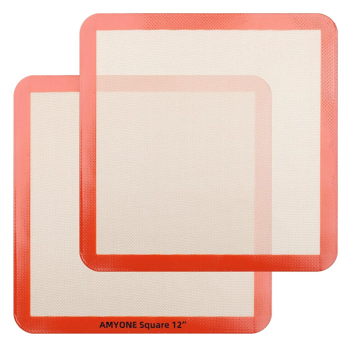 Two bright orange square silicone baking mats, 11.75 inch, smooth non-stick surface