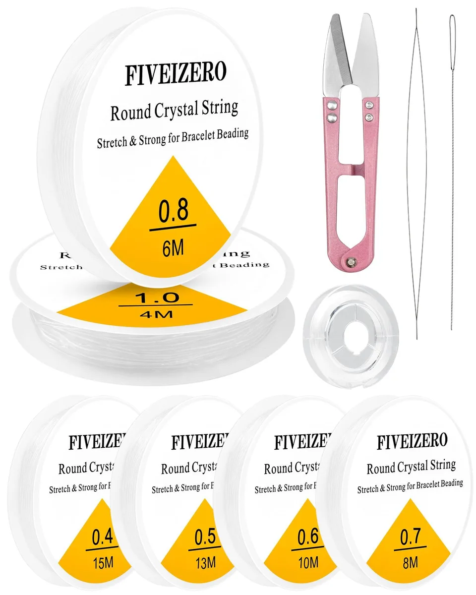 Six spools of clear round elastic cord in assorted diameters with tools in a case