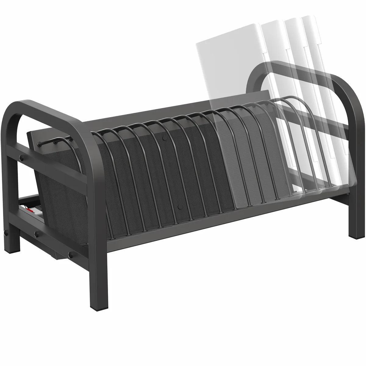 Black steel tabletop charging station with 16 padded device slots and integrated cable tray