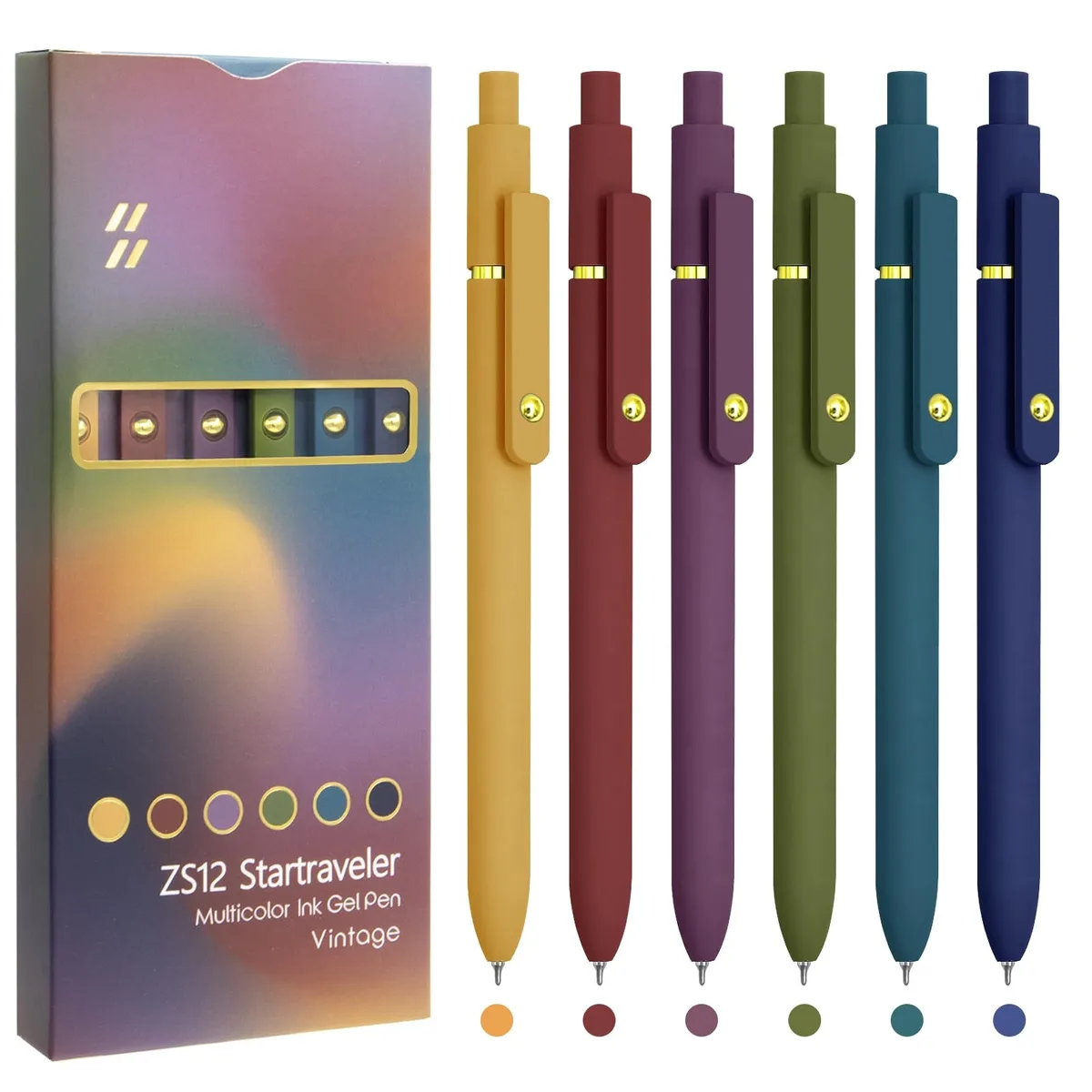 Six gold rollerball pens with gold ball clips in plastic finish