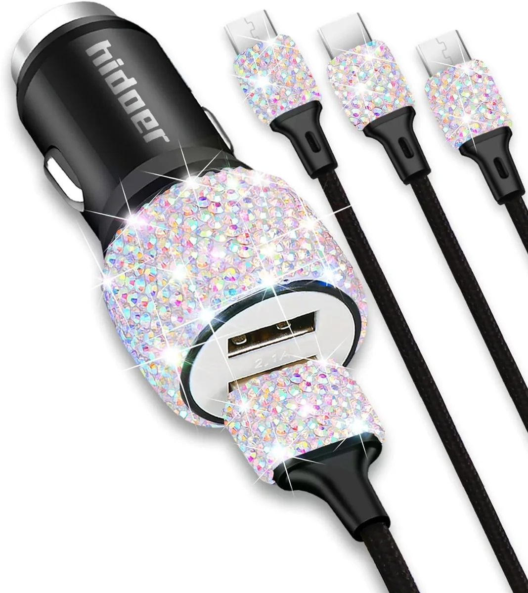PISKEKAT PISKEKAT Bling USB Car Charger Kit 5V/2.4A Crystal Dual Port with 3-in-1 Cable — product photo