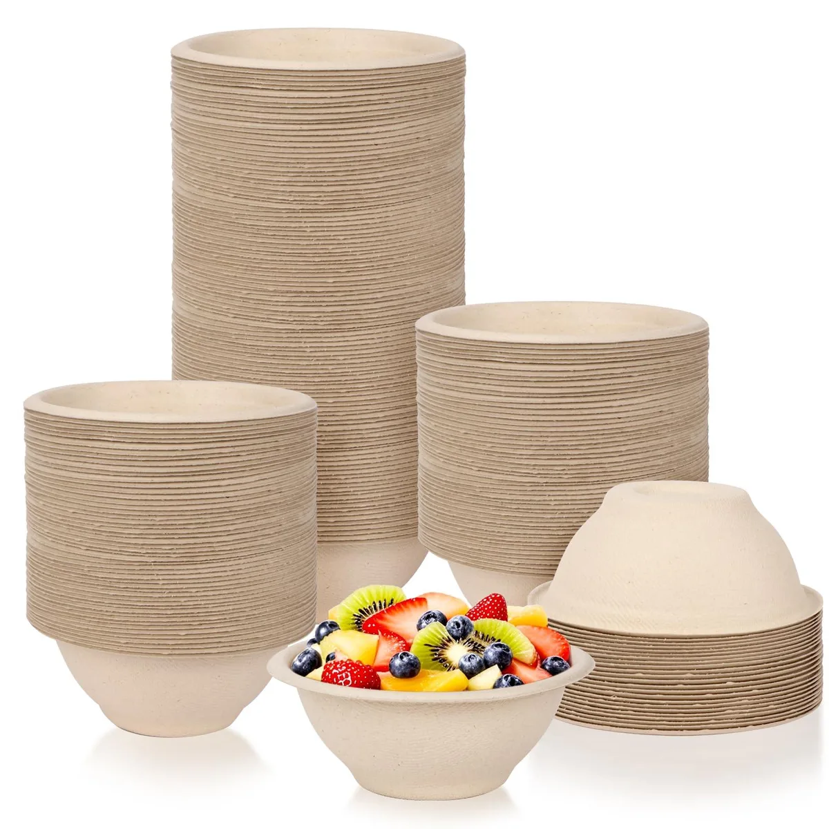 Stack of 100 brown bagasse bowls, round, 11.5 cm diameter, 4.5 cm high