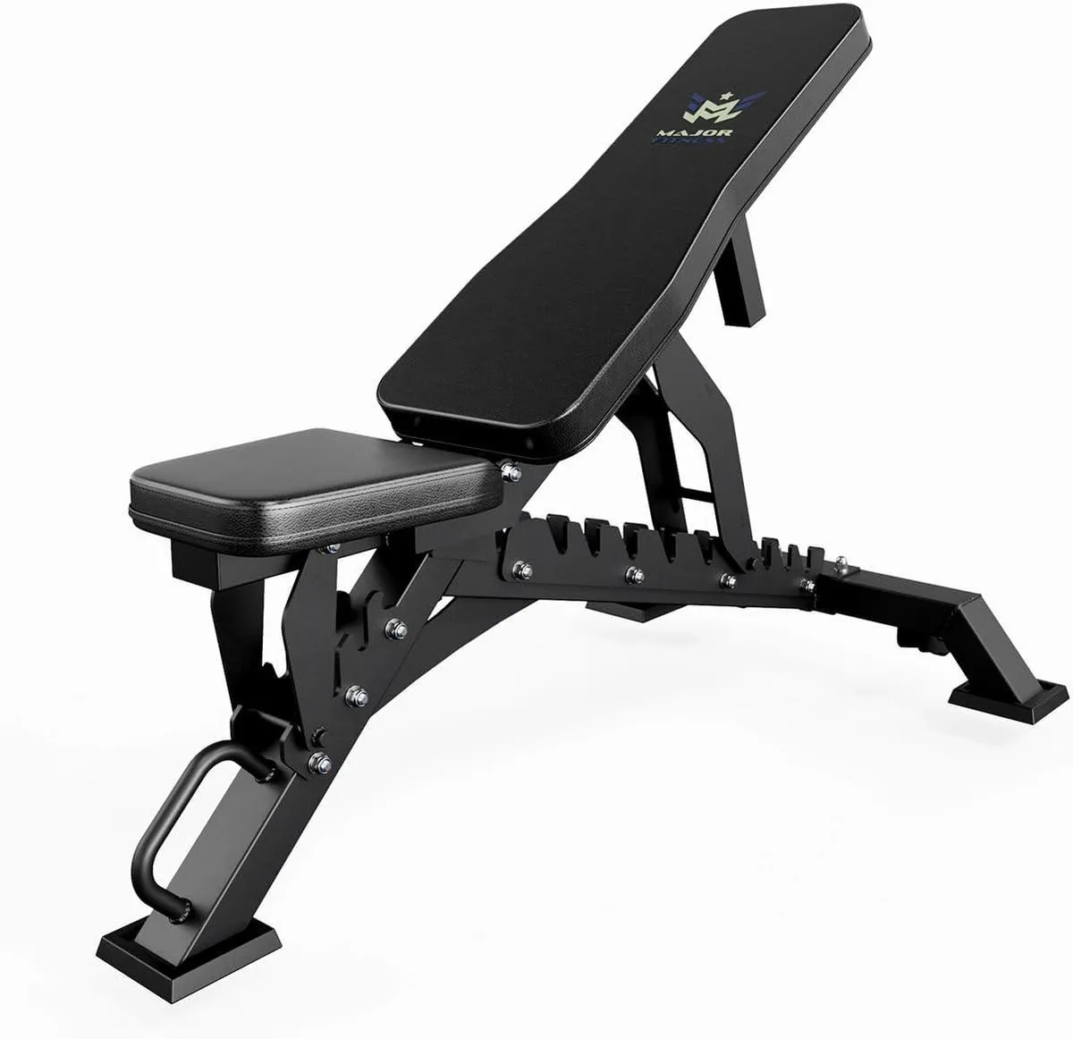 Adjustable weight bench with triangular steel frame, matte finish and padded backrest