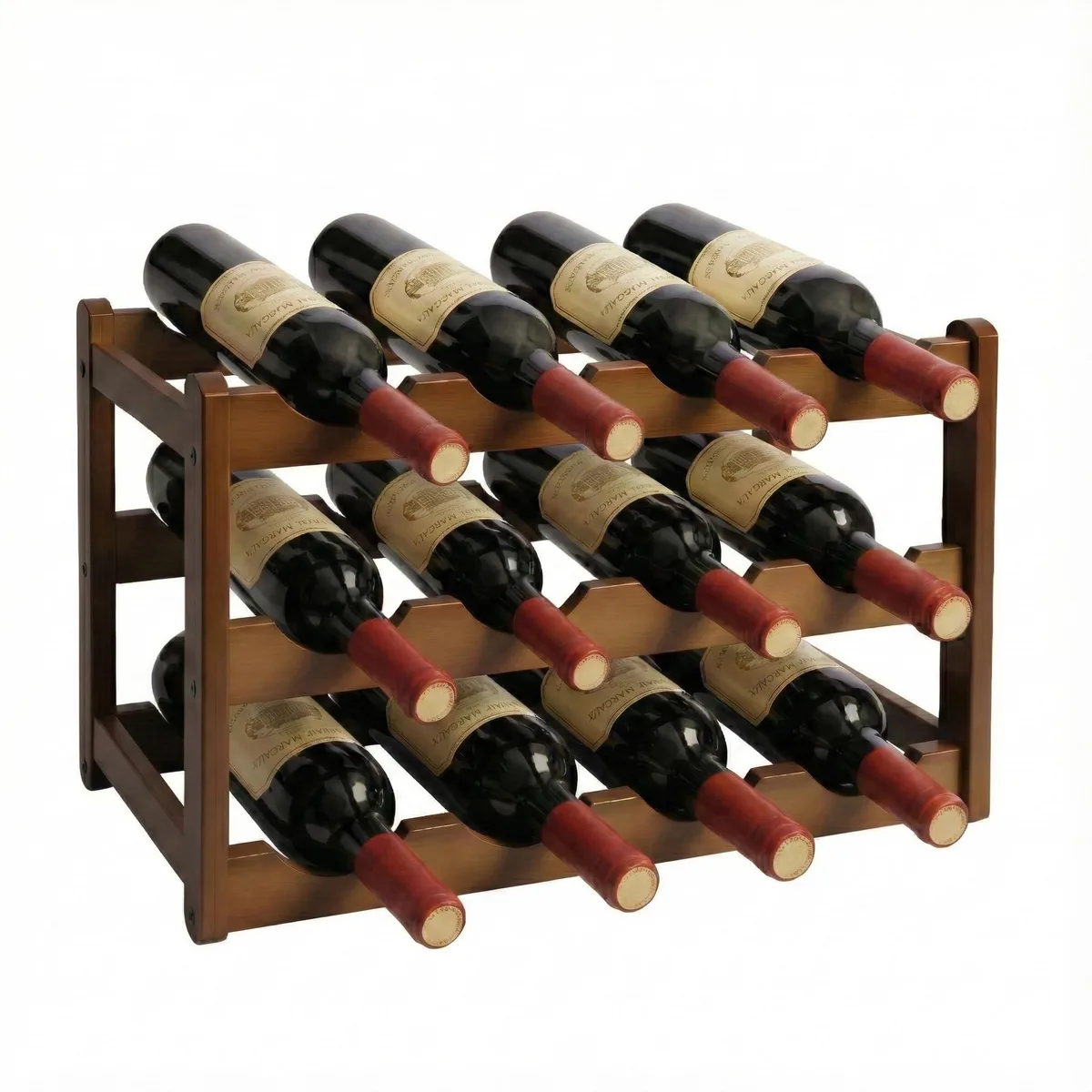 Three-tier bamboo wine rack with curved slots holding twelve bottles