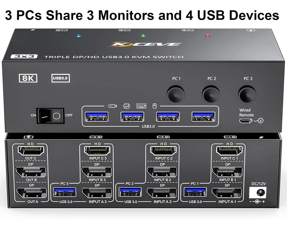 Hitoor Hitoor KVM Switch 3 Monitors 3 Computers 8K@60Hz HDMI 2 DisplayPort 4 USB 3.0 Wired Remote — product photo