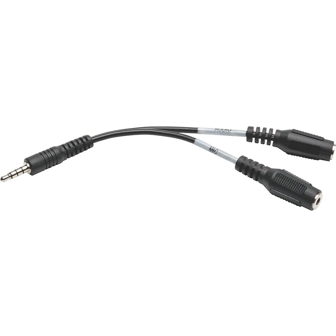 Black 6-inch stereo audio splitter cable with molded connectors