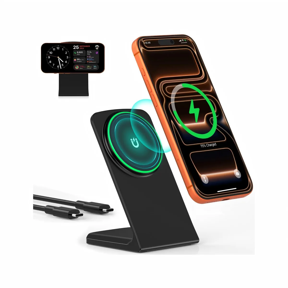 White magnetic charging stand tilted at 65 degrees with USB-C cable