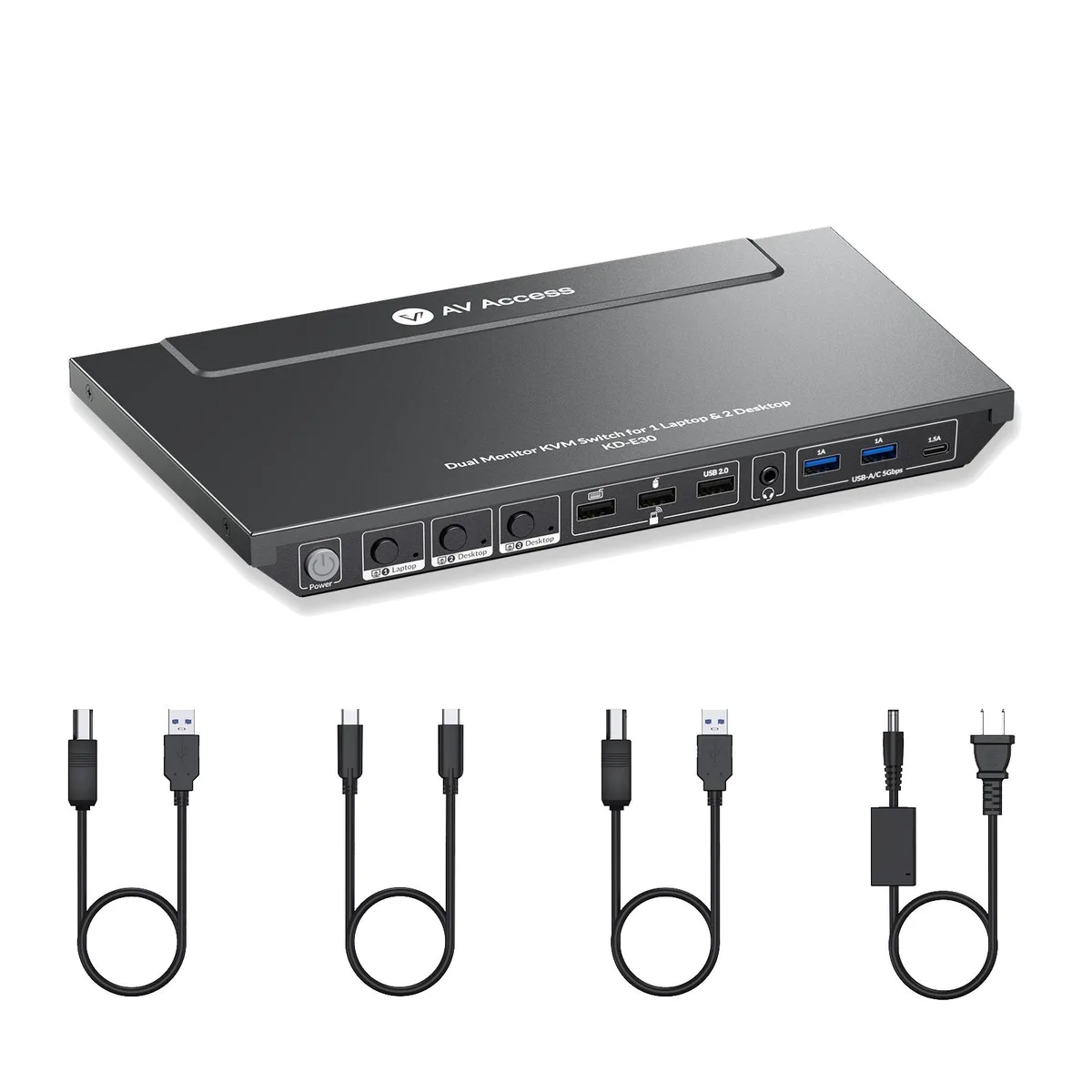 v AV Access v AV Access KD-E30 Dual Monitor KVM Switch 1 Laptop 2 Desktop 4K@60Hz 100W Charging — product photo