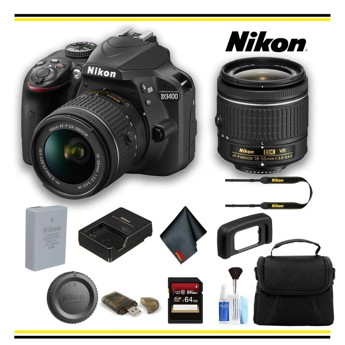 Nikon International Nikon D3400 DSLR Camera with 18-55mm Lens 24.2MP 64GB Card Case Kit — product photo