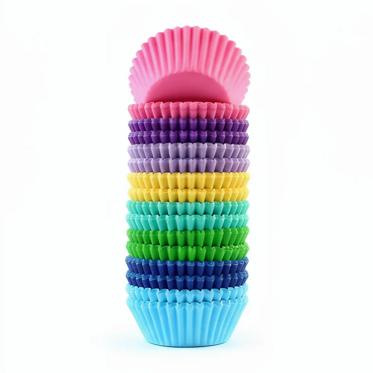 400 mini paper baking cups in eight colours inside a clear cylindrical container