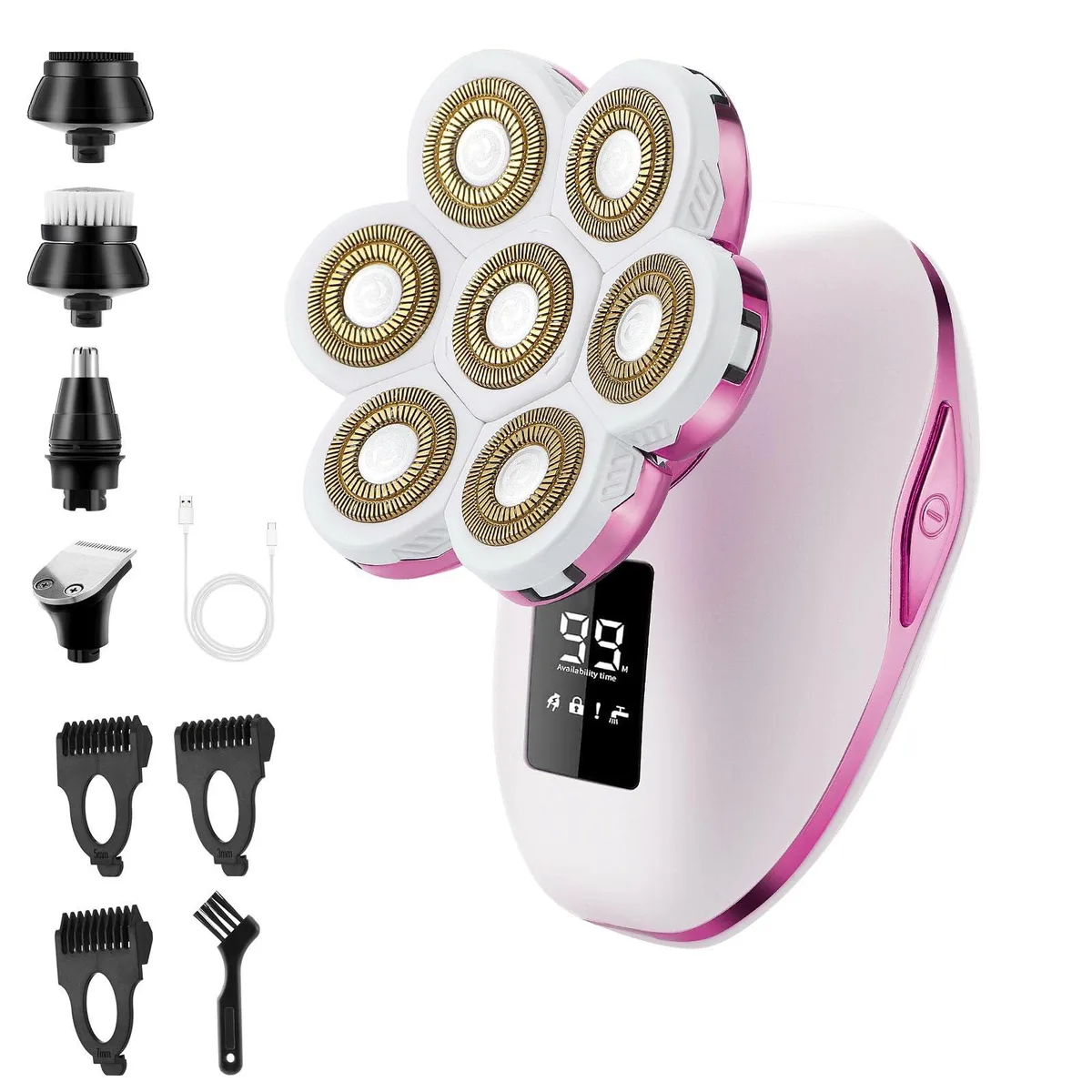 Pink foil shaver with detachable heads and LCD screen