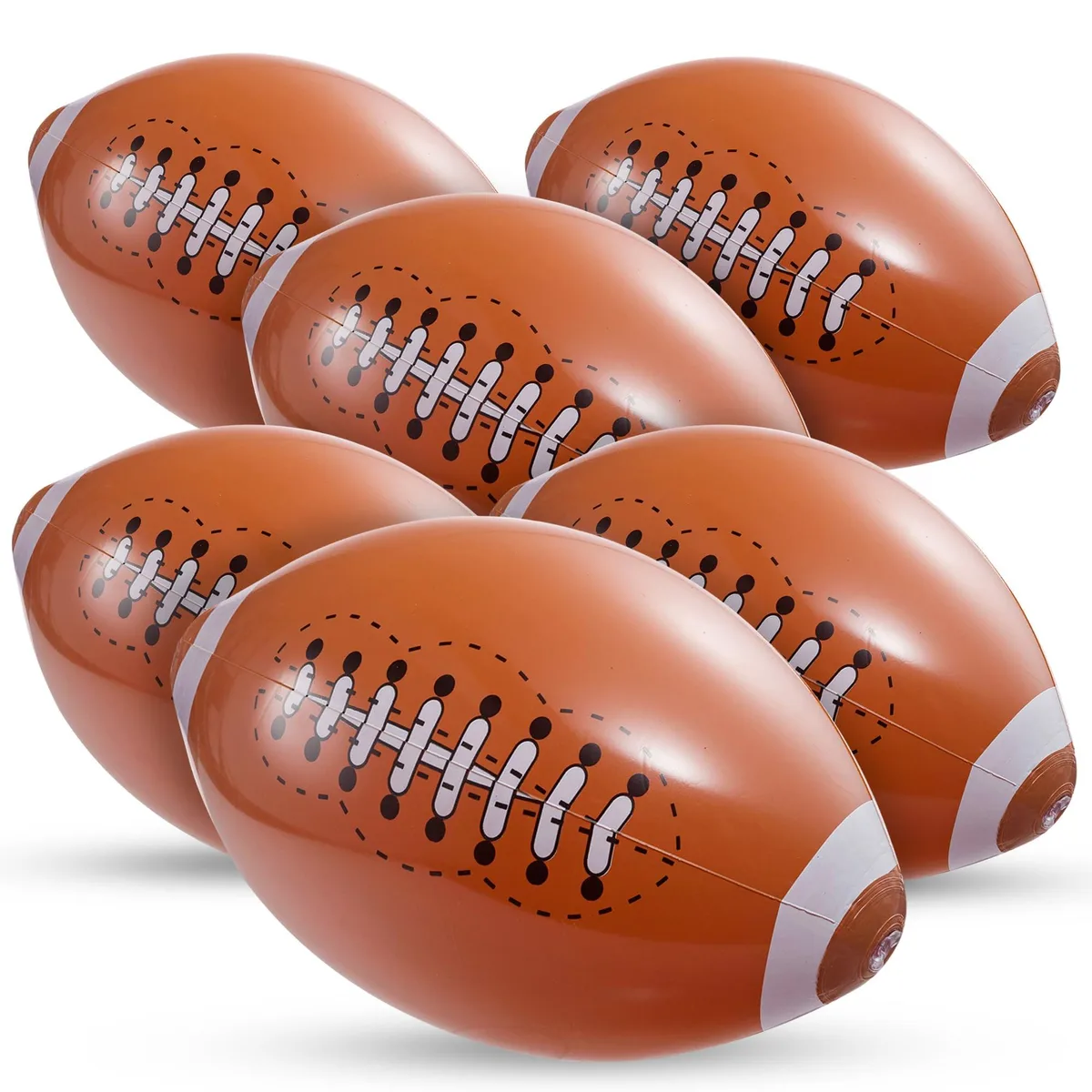 Six brown inflatable football beach balls, 16 inch diameter