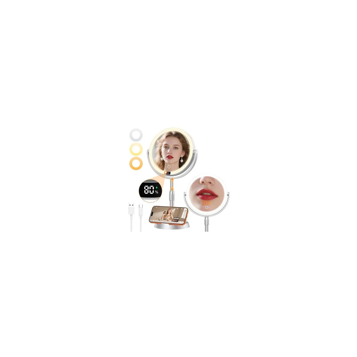 Gospire 8" Lighted Makeup Mirror 20X Magnification 360° Swivel 2.8" Height Adjustment — product photo