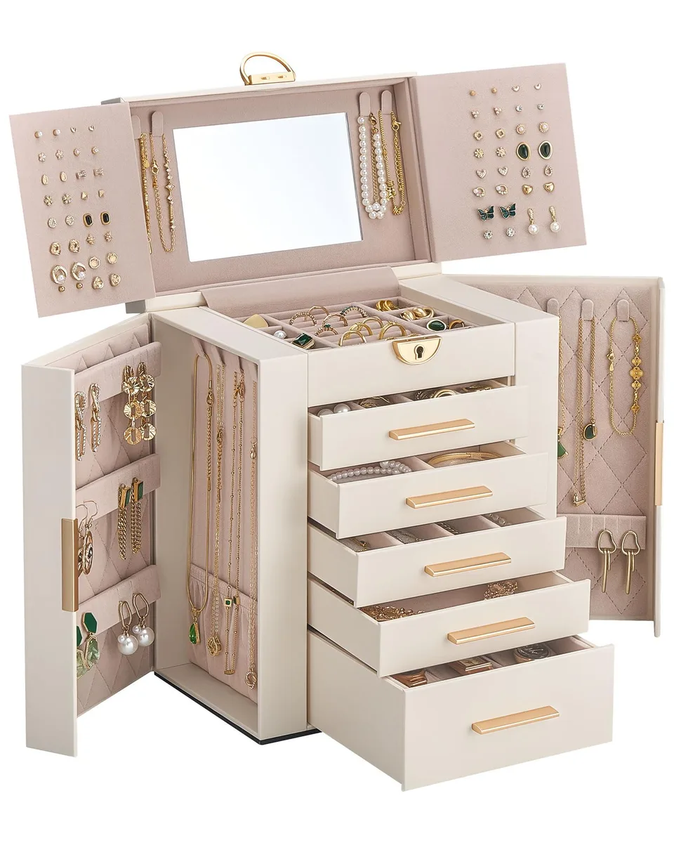 Beige 6-layer jewelry box with mirror lid and five drawers, 24 by 16 by 30 cm