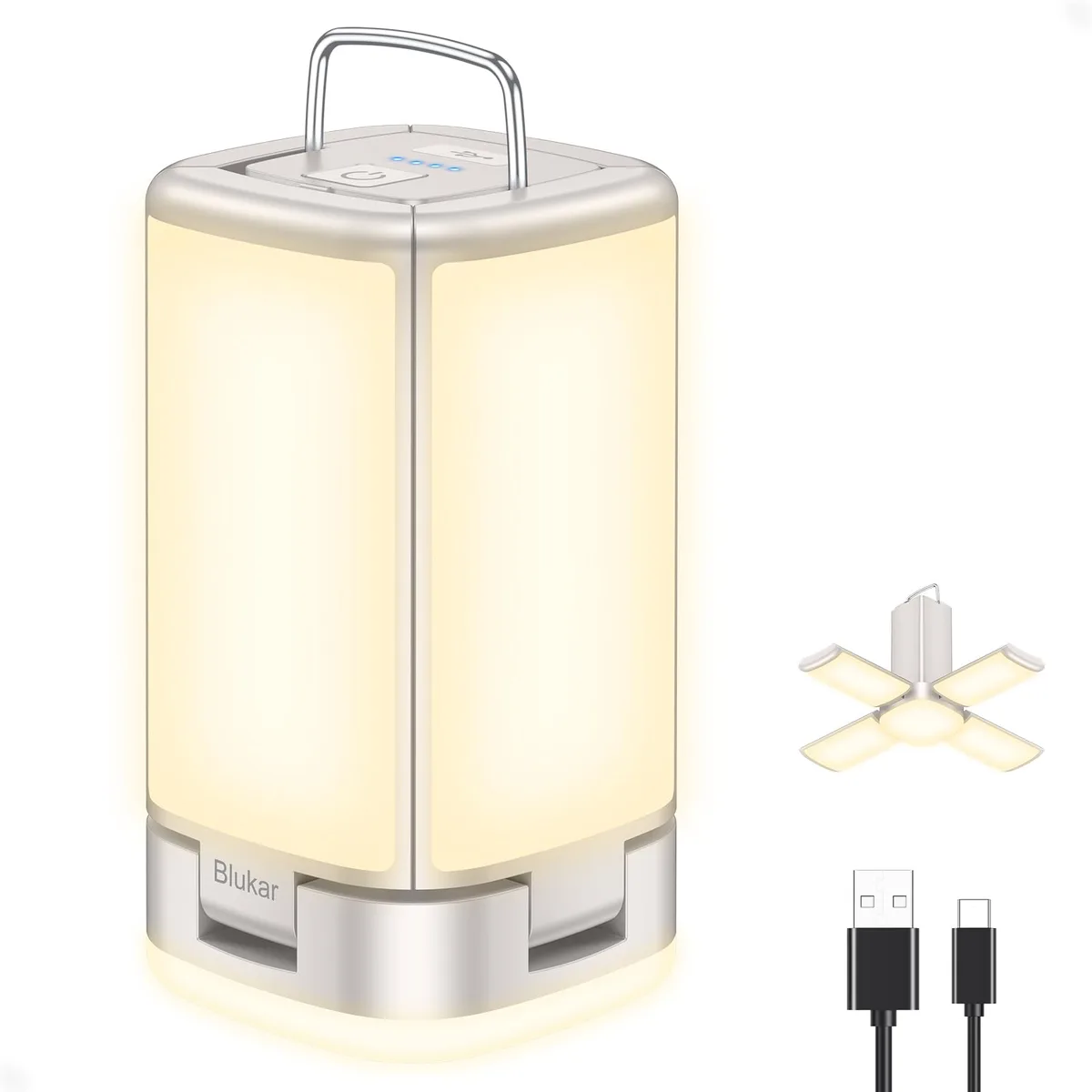 Gray cylindrical lantern with four fold-out LED panels, top hook and carabiner