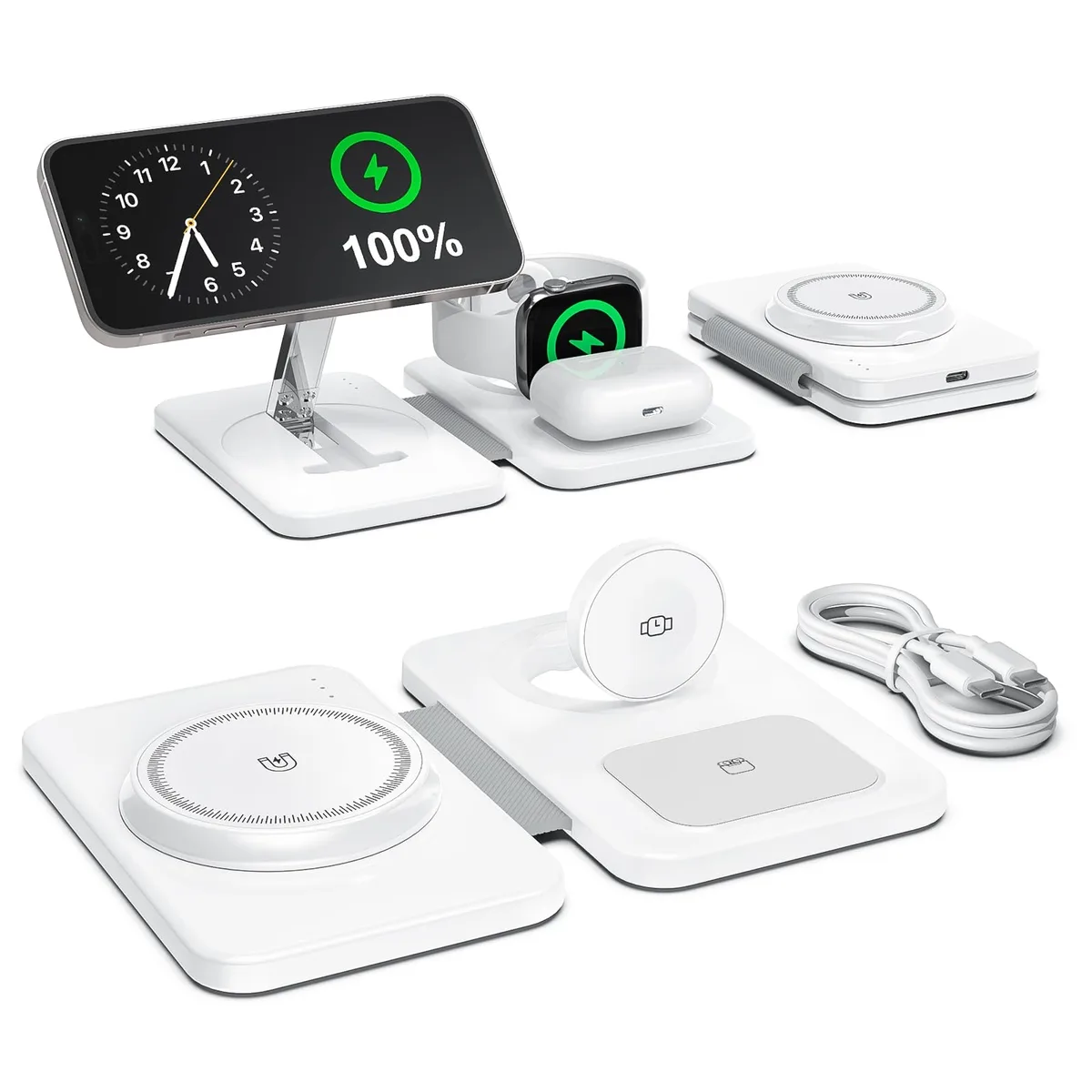 Foldable three-in-one magnetic charger in white finish