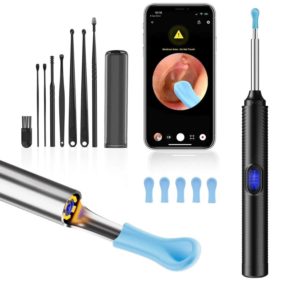  AI Eardrum Alert Ear Wax Removal Kit 1080P HD Camera 6-Axis Gyroscope Waterproof 230mAh Black — product photo