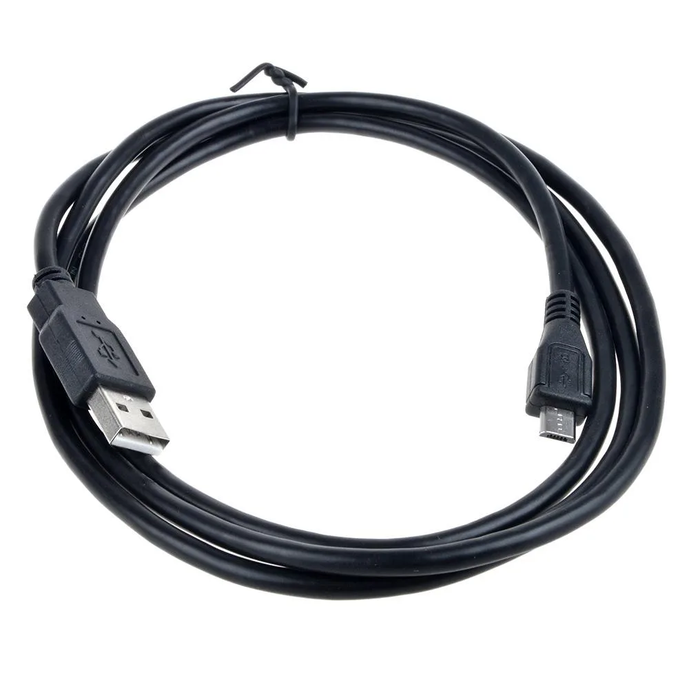 Black micro-USB cable five feet long coiled on a plain surface