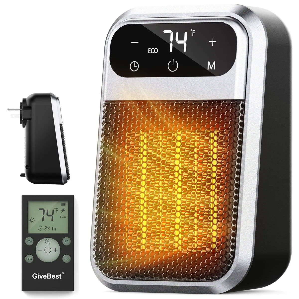 Compact white ceramic plug-in heater with digital display and 180° rotating plug