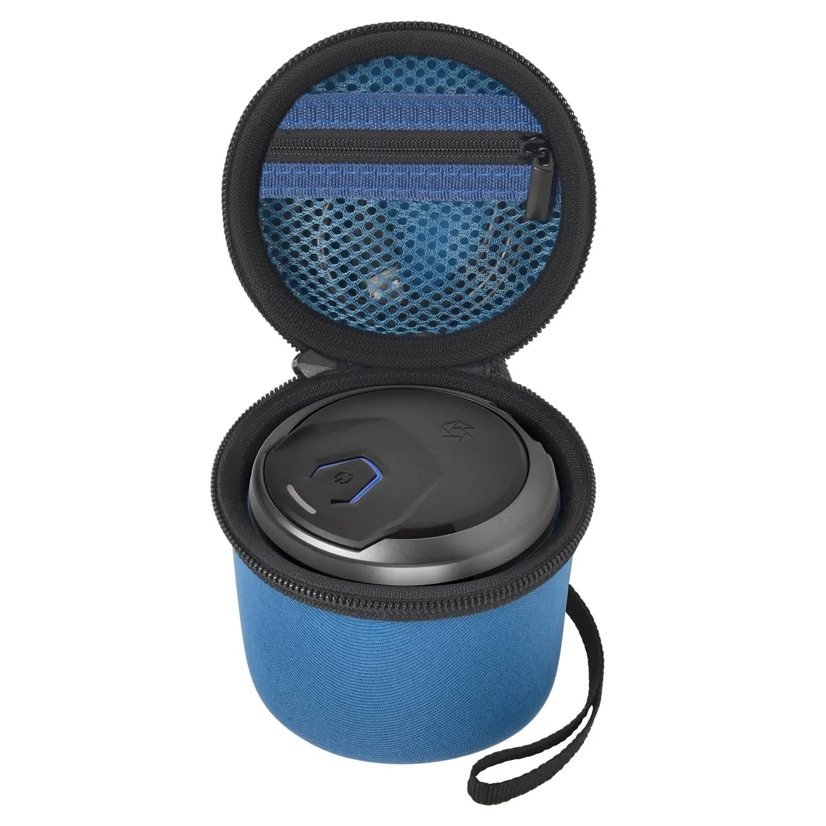 Blue cube-shaped EVA travel case with zippered mesh pocket and hand strap, 3.74 in per side