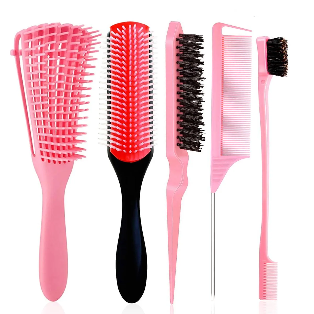 Five pink hair brushes and a comb arranged on a light surface