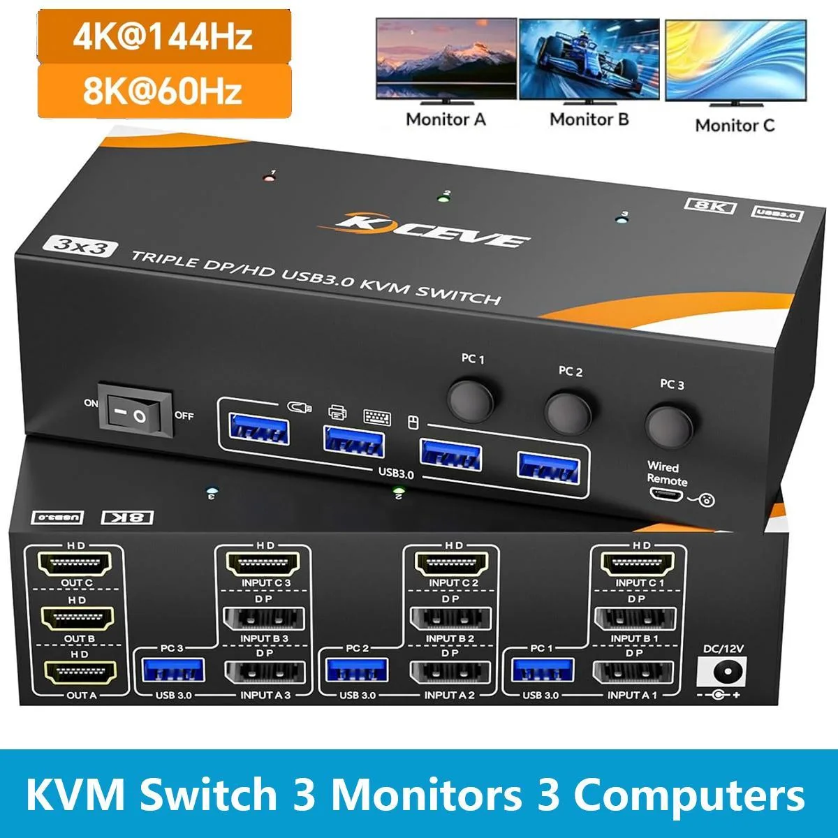 WRIARICH WRIARICH KC-303-A 3-PC 3-Monitor KVM Switch HDMI+2DP 8K60 4K144 USB3.0 Wired Remote — product photo