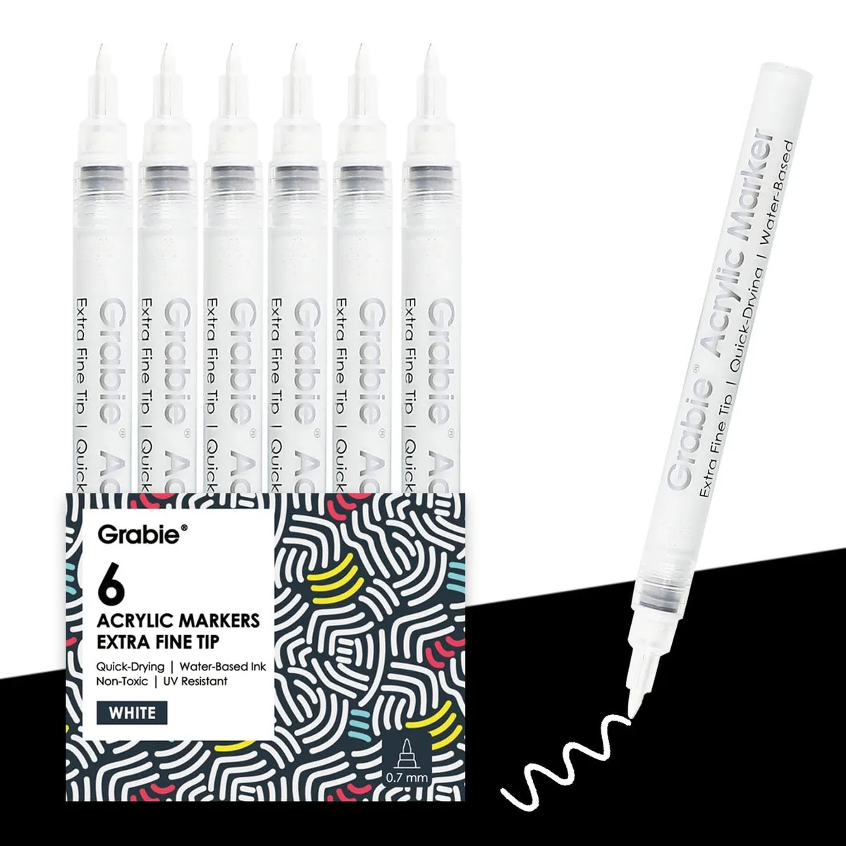  Grabie 6 White Acrylic Paint Markers .7mm Extra Fine Tip — product photo