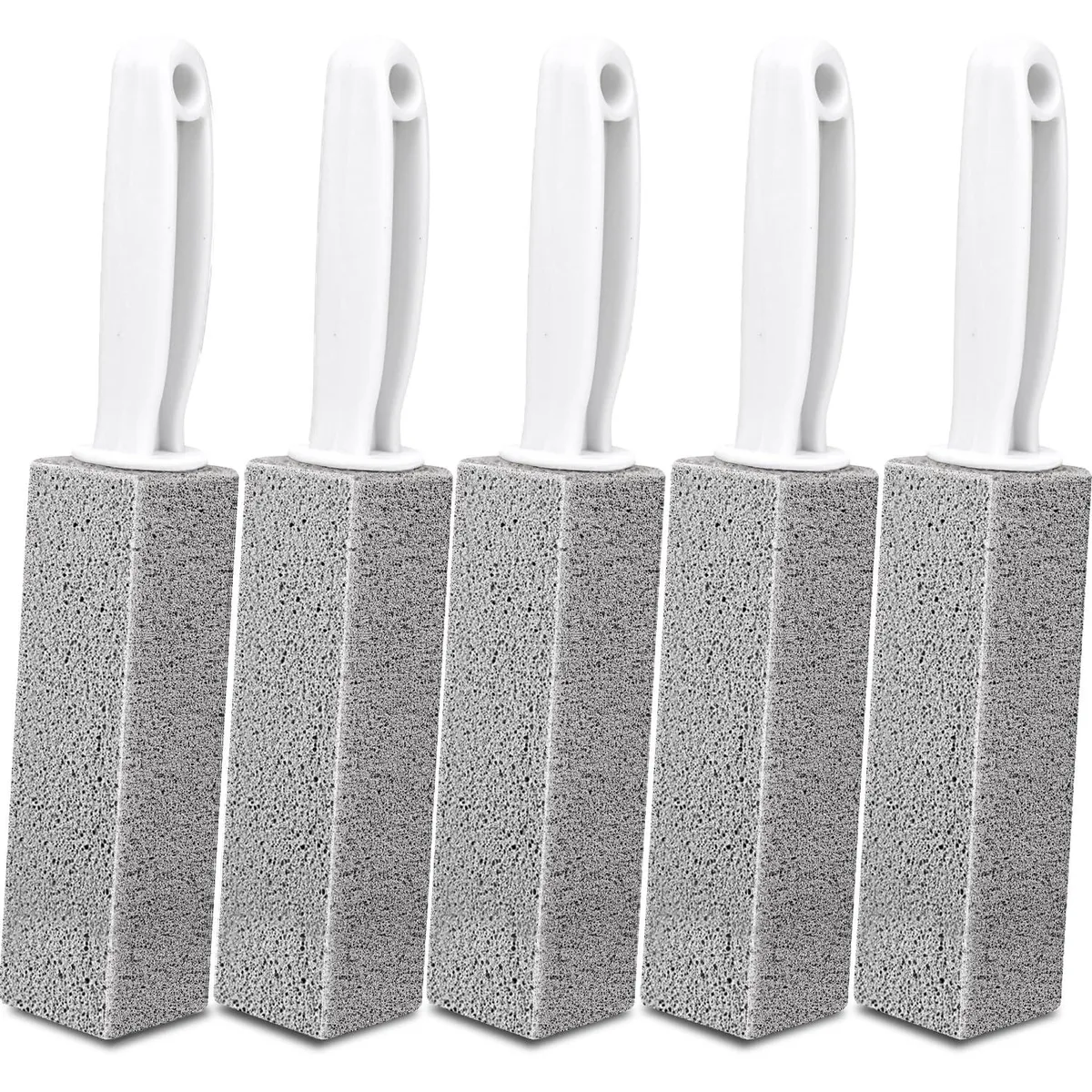 Five light grey pumice stones with white plastic handles in a pack