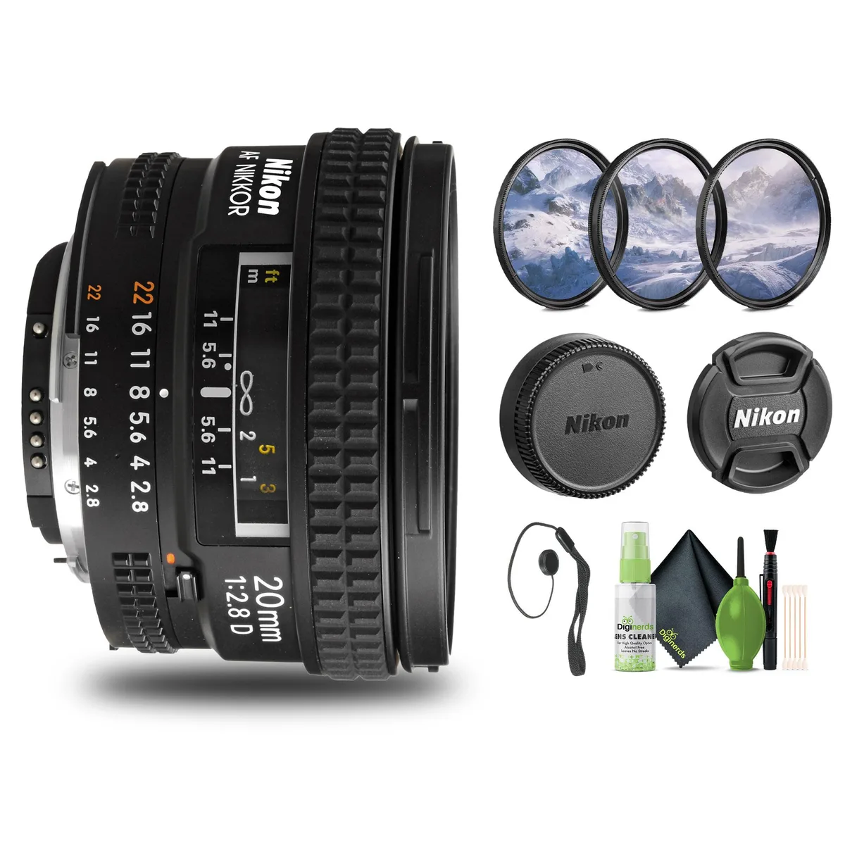 Nikon Inc Nikon AF NIKKOR 20mm f/2.8D Lens (1913) Bundle with Filter Kit, Cap Keeper, Cleaning Kit — product photo