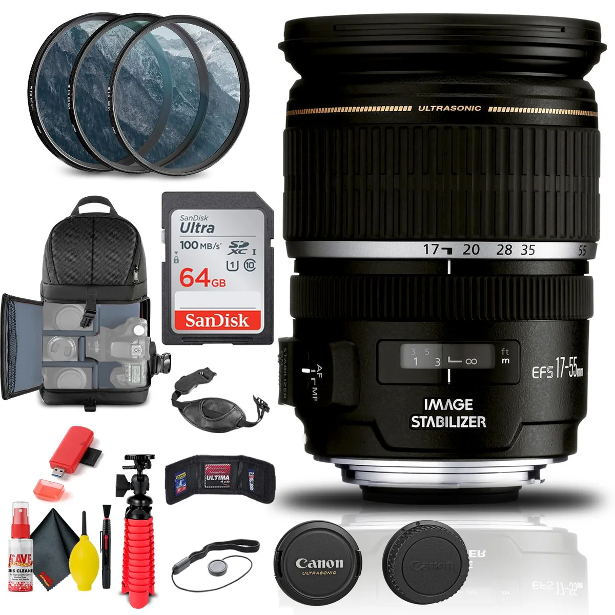 Canon Canon EF-S 17-55mm f/2.8 IS USM Lens Bundle with Filter Kit, Backpack and Accessories — product photo