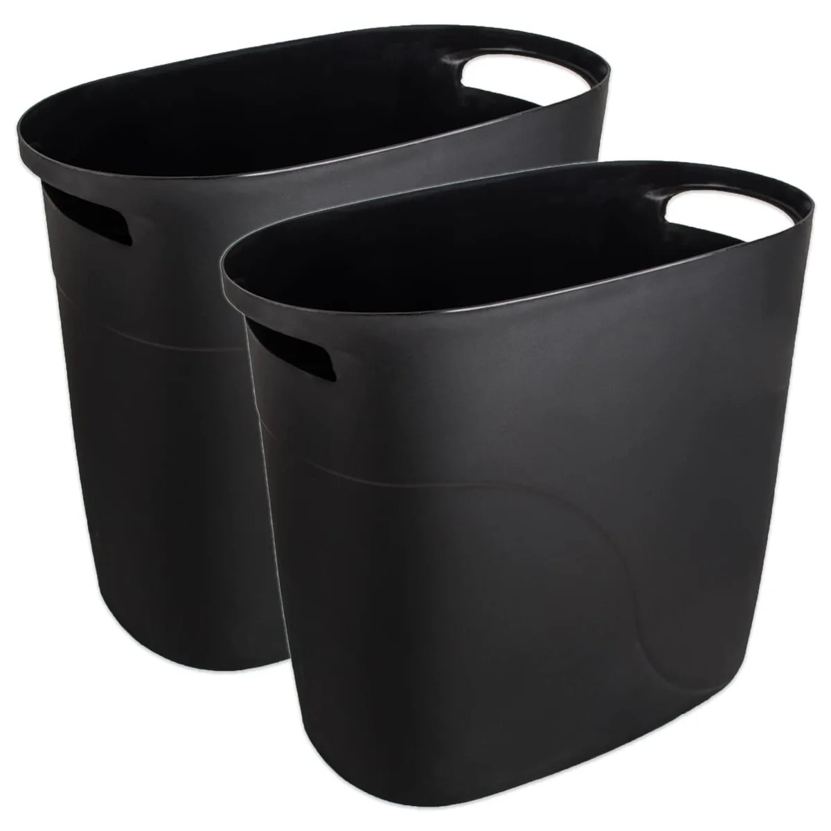 Twelve black narrow plastic bins with integrated handles, 14 by 6.7 by 11.4 inches each