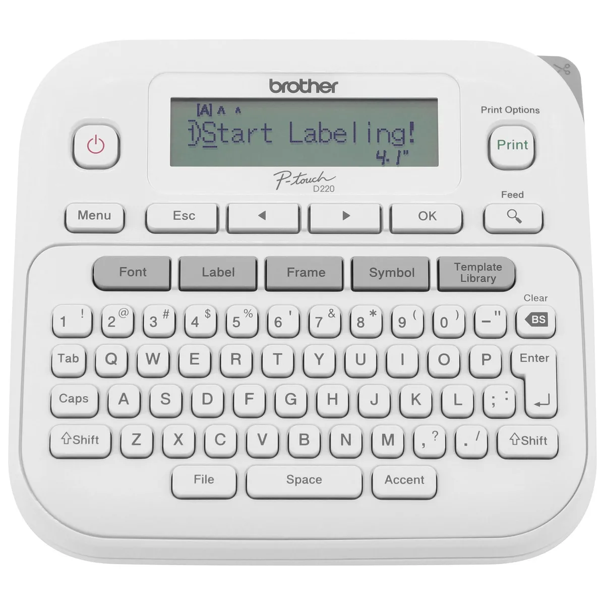 Compact white label printer with QWERTY keyboard and small display