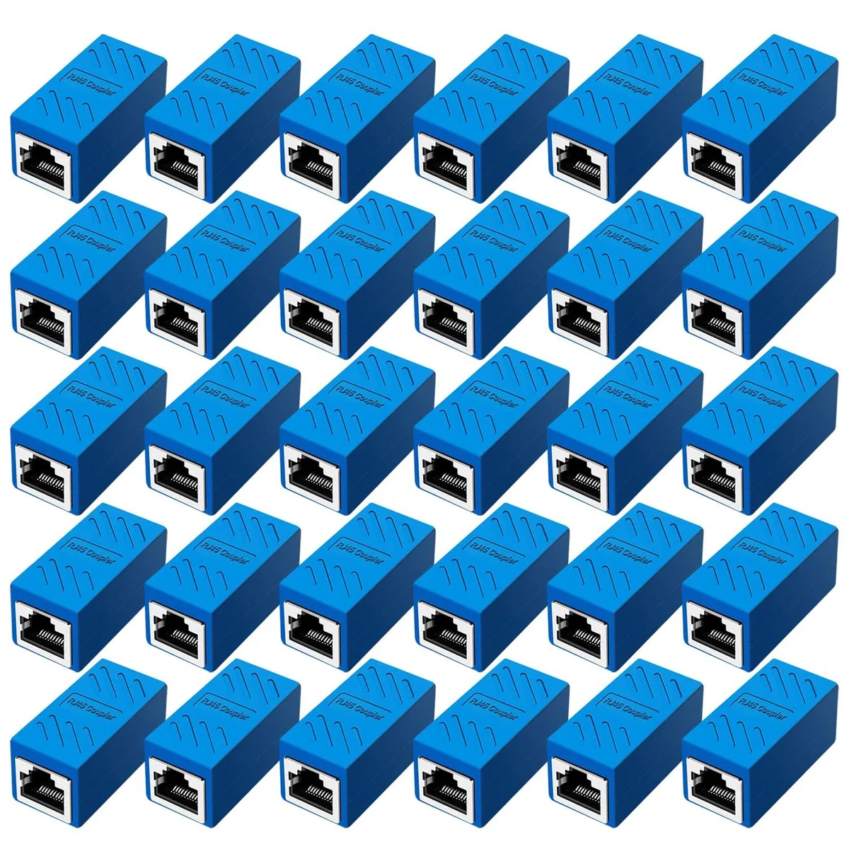 Thirty blue RJ45 female-to-female couplers in a pile