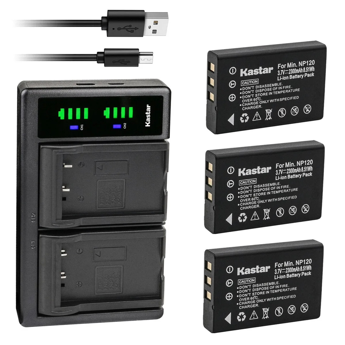 Kastar Kastar FNP120 3-Pack Battery &amp; LTD2 USB Charger for Fujifilm FinePix 603, F10, F11, M603 — product photo
