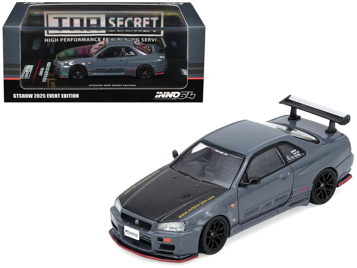 Inno Models Inno Models Nissan Skyline GT-R R34 RHD Stealth Gray Carbon Hood GTSHOW 2025 1/64 Diecast — product photo