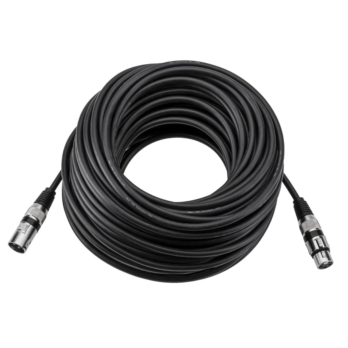 Black XLR microphone cable with male and female connectors, 100 feet long