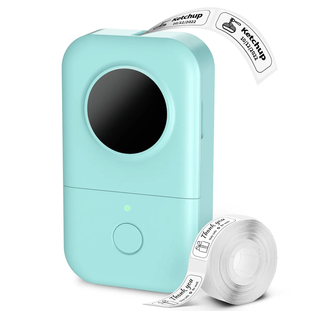 Compact green handheld label printer with rounded edges, matte finish, and a small roll of white thermal tape loaded inside