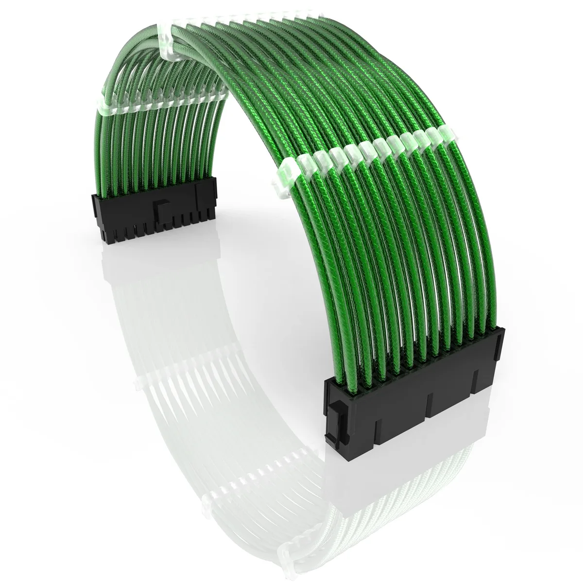 Green metallic-sleeved 24-pin ATX extension cable with cable combs, 30cm
