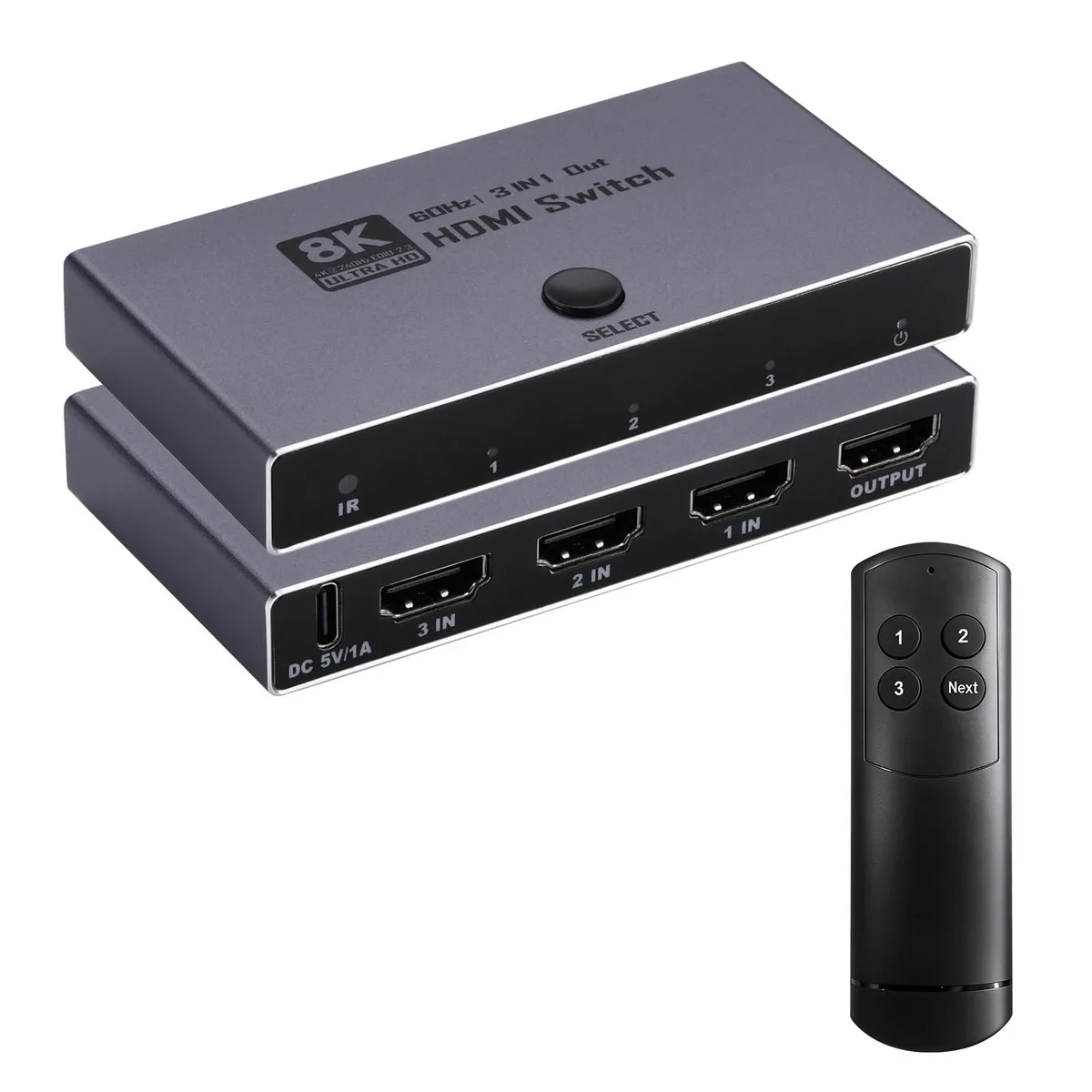 Grey aluminium HDMI 2.1 switch with three inputs and one output