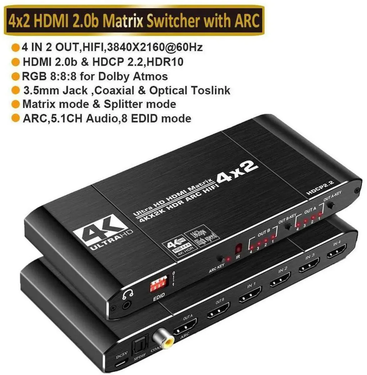 SMUGDESK SMUGDESK 4x2 HDMI 2.0b Matrix Switch Splitter 18.5Gbps 4K@60Hz HDR 3D HDCP2.2 — product photo