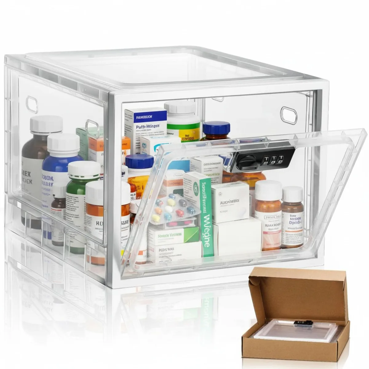 White rectangular lockable box with three-digit combination lock on front